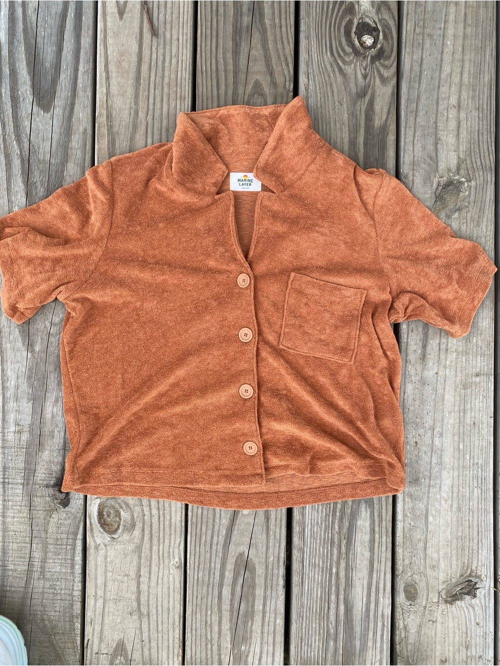Marine Layer Terry Cloth Short-Sleeve Button Down in Rust Orange